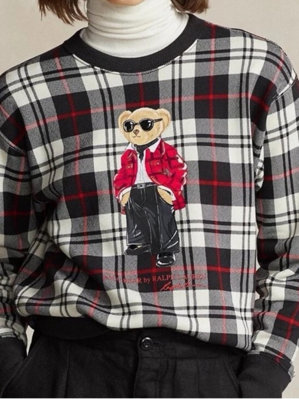 Polo by Ralph Lauren Plaid Bear Crewneck Sweater in Black, White & Red